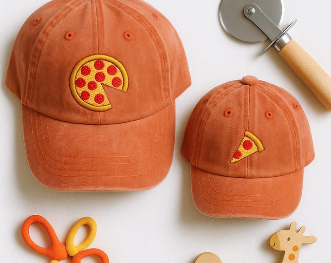 Matching Pizza Hat Set for Parent and Child, Embroidered Pizza Slice and Whole Pie Hats, Funny Foodie Family Cap Set, Dad and Kid Gift