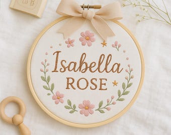 Personalized Floral Embroidered Name Hoop, Custom Baby Girl Nursery Decor, Newborn Gift, Baby Shower Keepsake with Bow