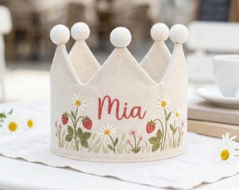 Strawberry Daisy Personalized Birthday Crown – Hand Embroidered Linen Baby Crown, Floral Name Crown, First Birthday Crown, Keepsake Gift