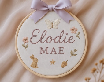 Personalized Baby Name Embroidery Hoop, Floral Bunny Wall Decor with Bow, Custom Woodland Nursery Sign, Elodie Mae Keepsake Gift