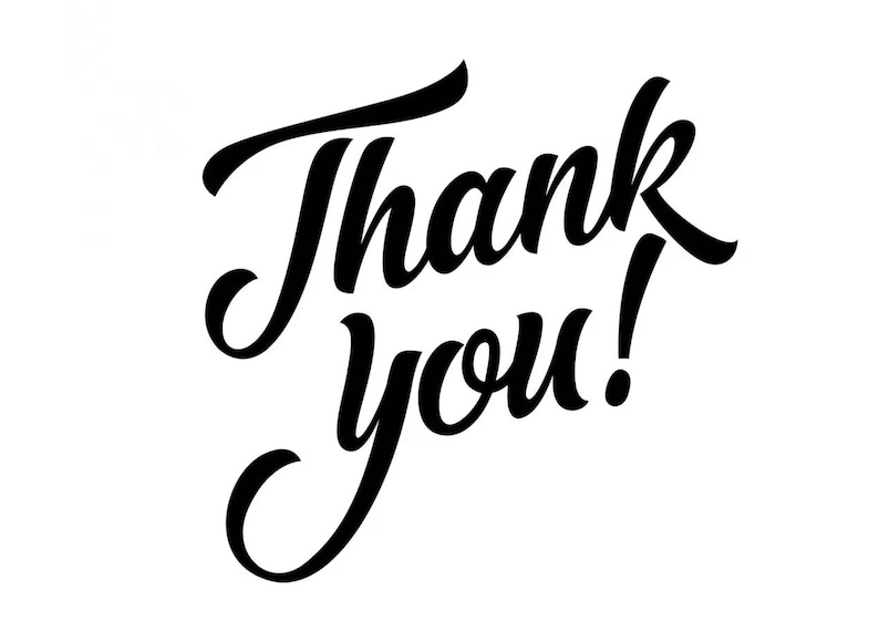 K&ouml;nnte beinhalten: Schwarze Schrift auf wei&szlig;em Hintergrund mit dem Text "Thank you!". Die W&ouml;rter sind in einer flie&szlig;enden Schreibschrift geschrieben, mit einem Ausrufezeichen am Ende. Das Design ist schlicht und elegant.