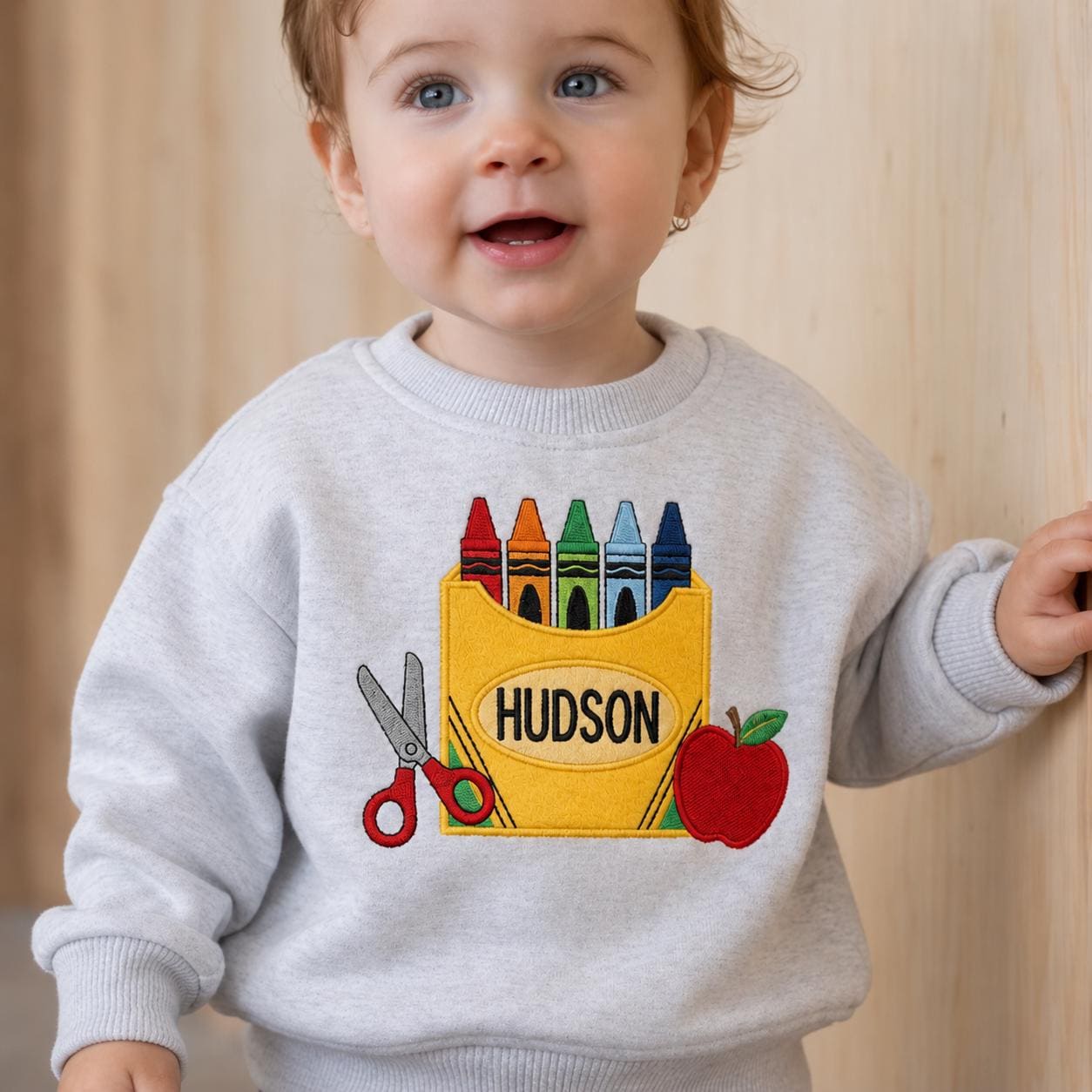Embroidered Crayon Box Toddler Sweatshirt, Personalized Name Back To School Crewneck