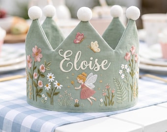 Fairy Baby Girl Birthday Crown, Embroidered Name Enchanted Garden Crown, First Birthday Cake Smash Party Hat, Sage Linen Keepsake Gift