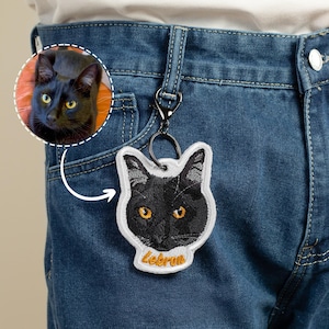 Custom Pet Portrait Keychain, Embroidered Pet Face Bag Tag with Name, Cat or Dog Photo Keyring, Personalized Pet Gift