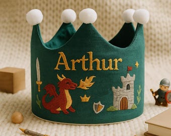 Dragon & Castle Birthday Crown, Personalized Medieval Fabric Crown for Kids’ Parties, First birthday crown, fabric baby crown, Party Crown