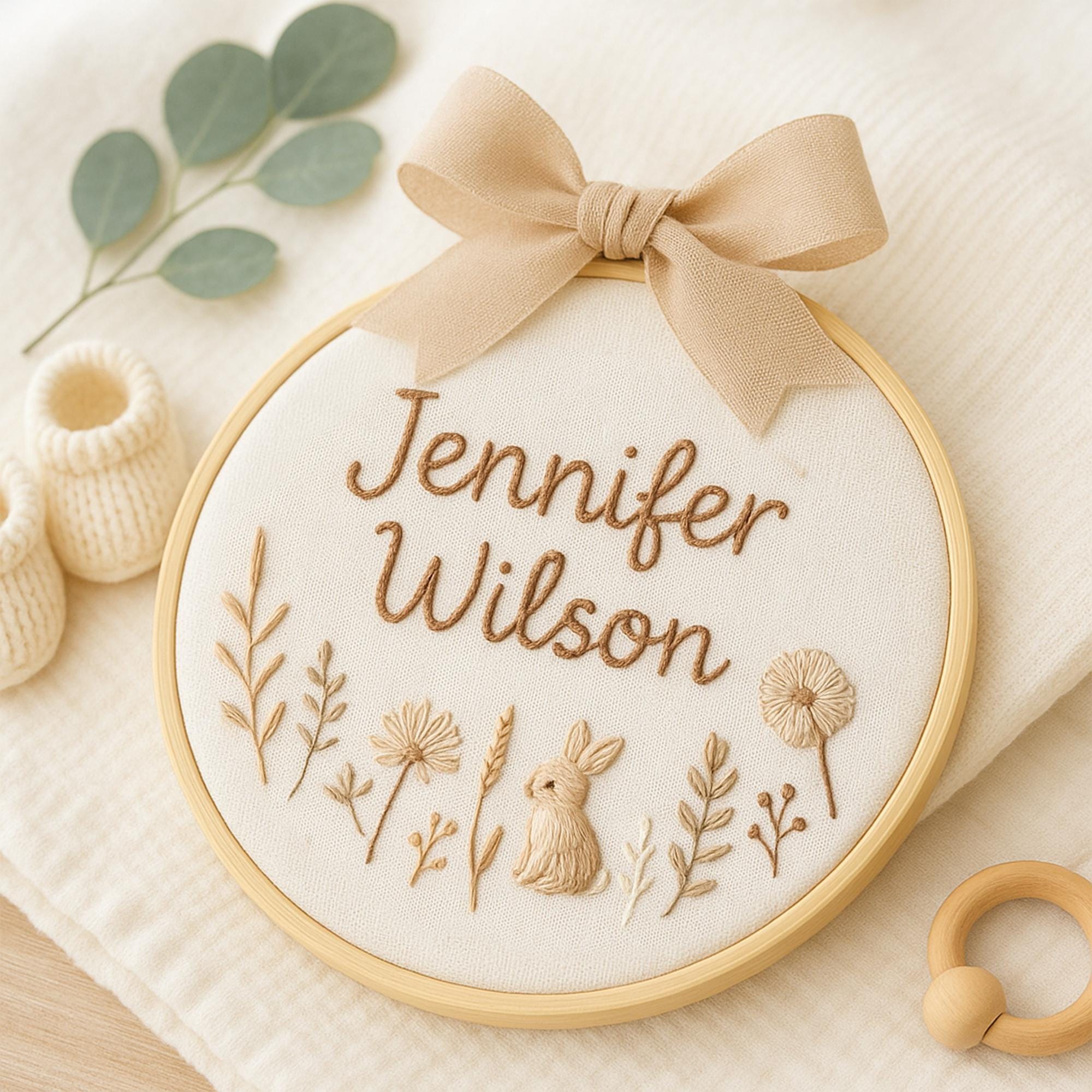Custom Baby Name  Bunny & Floral Design Embroidery Hoop,, Personalized Nursery Decor, Baby Girl Gift with Bow, birth announcement ornament,
