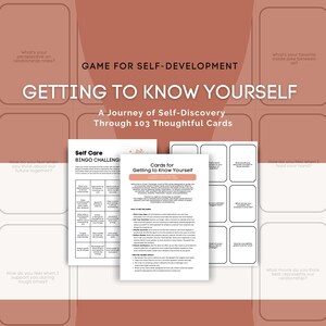 Op de afbeelding: Een set kaarten voor zelfontdekking en zelfontwikkeling. De kaarten zijn ontworpen om je te helpen jezelf beter te leren kennen. De kaarten zijn getiteld "Getting to Know Yourself" en bevatten een bingokaart met de titel "Self Care Bingo Challenge".