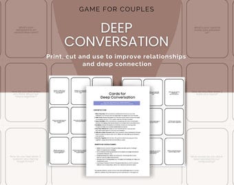 Op de afbeelding: Een printbaar spel voor koppels genaamd "Deep Conversation" met kaarten met vragen om relaties en diepe connectie te verbeteren. De kaarten zijn wit met zwarte tekst en zijn gerangschikt in een raster.