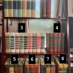 May include: A wooden bookshelf filled with vintage books. The books have various colors and designs, including green, blue, red, and gold spines. Some books have the word "BOOKS" printed on them. The bookshelf is brown and has multiple shelves.