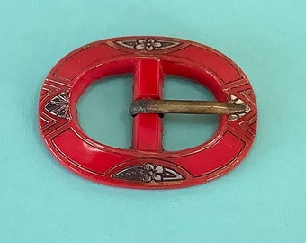 Beautiful 1920s Vintage Pressed Red Glass and Gold Buckle