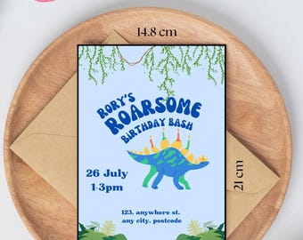 May include: A blue and green dinosaur birthday party invitation with the text "Rory's Roarsome Birthday Bash" and details for the party, including the date, time, and location. The invitation is 14.8 cm by 21 cm.