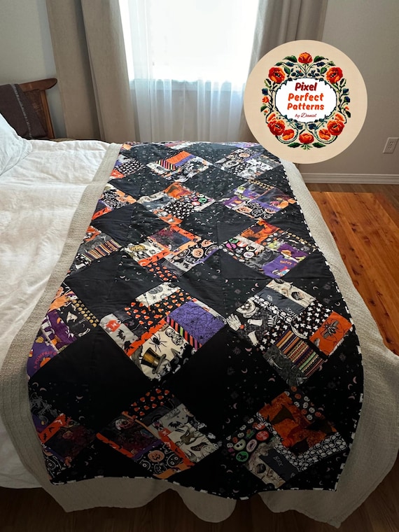 Handmade Halloween Throw Quilt | Scrappy Ghost Print Binding