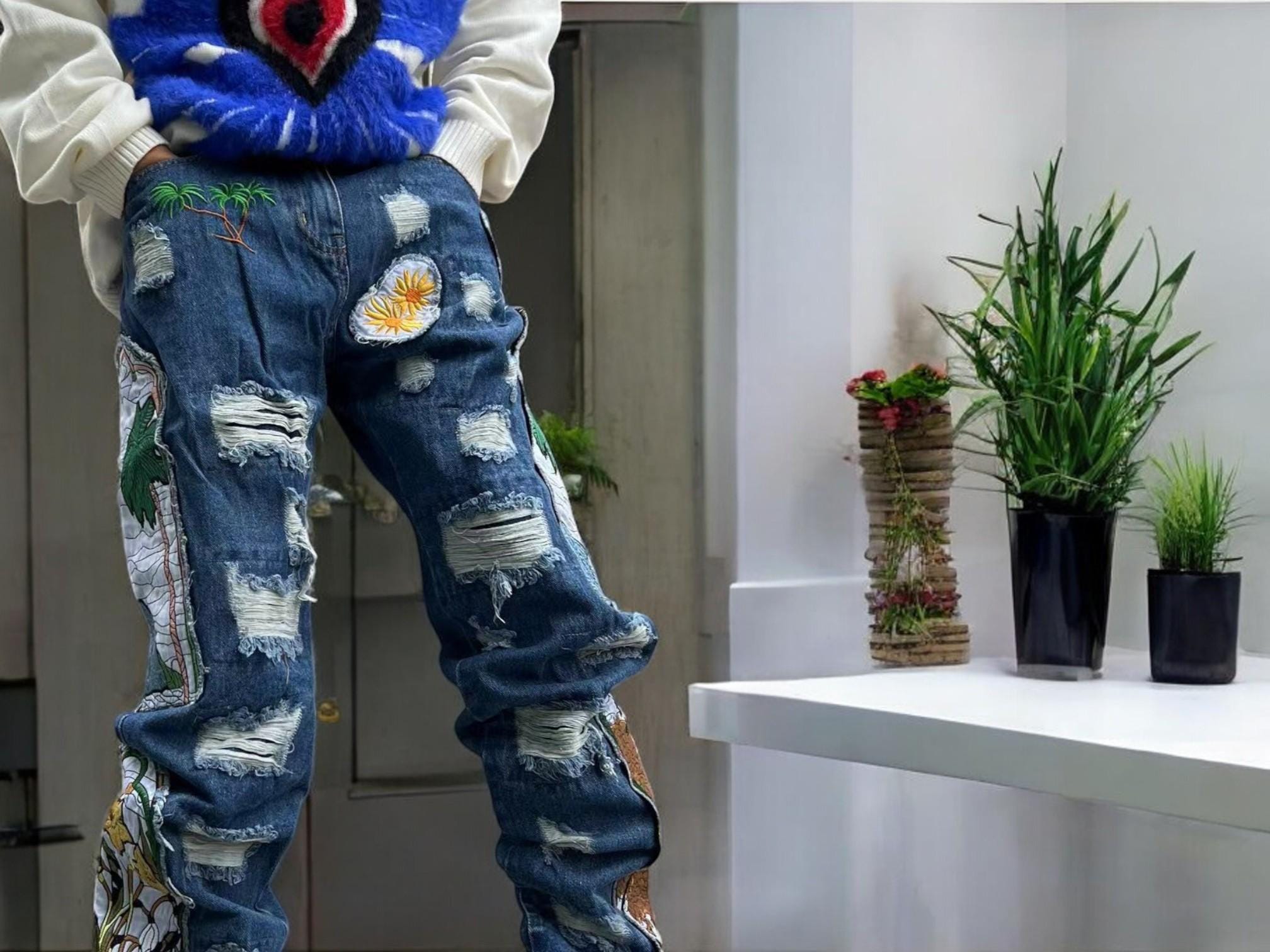 Men's Ripped Jeans Artistic Details Pants Stylish Eye-catching Designed ...