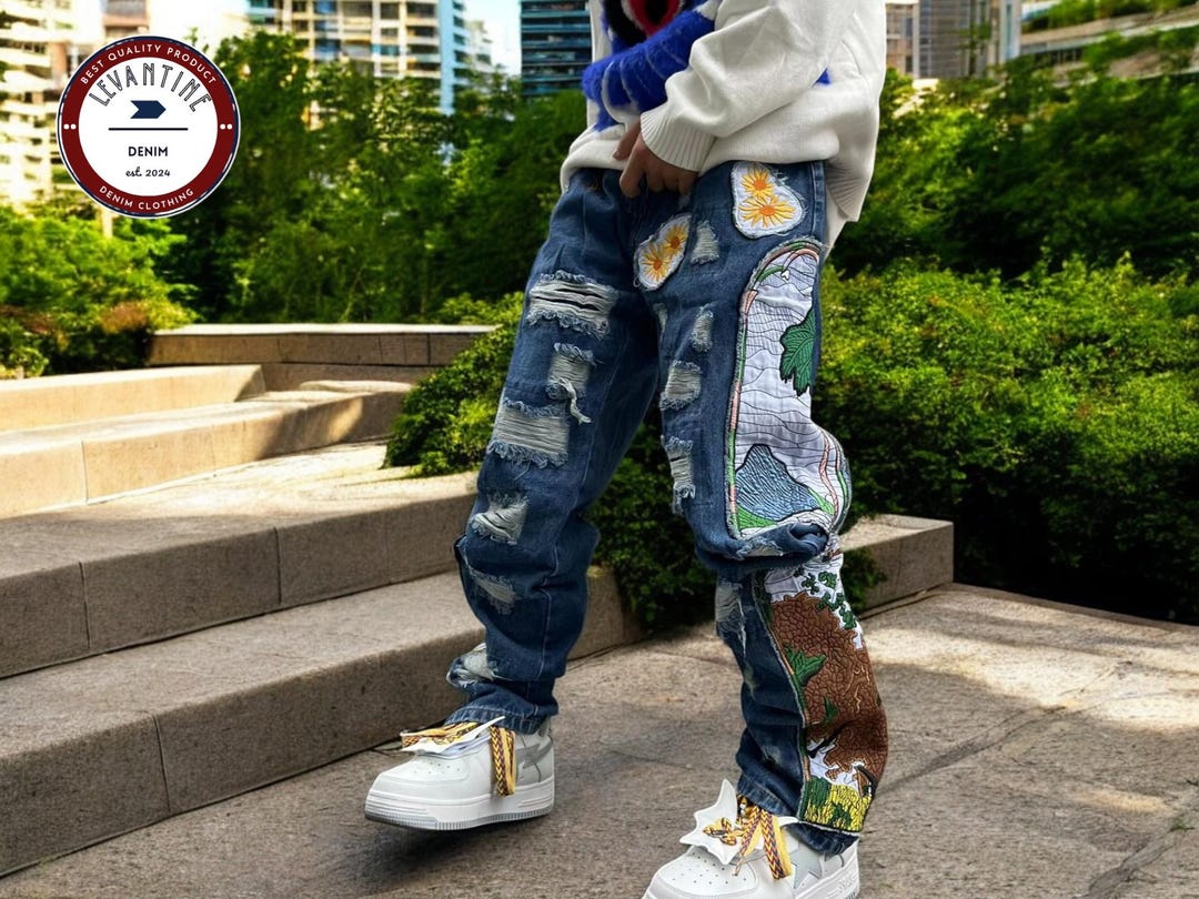 Men's Ripped Jeans Artistic Details Pants Stylish Eye-catching Designed ...