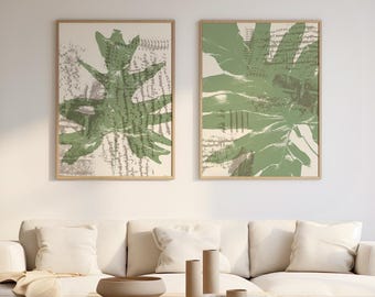 Sage Green Botanical Print Set: Minimalist Leaves Art (Digital Download)