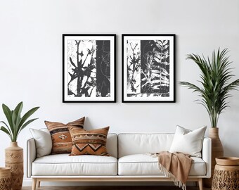 Black & White Floral Art Prints, Abstract Botanical Set (Digital Download)