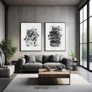 Black Abstract Art Prints: Japandi Style, Minimalist Decor (Digital Download, 2 Piece Set)