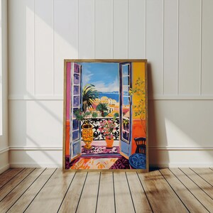May include: A colorful painting of a balcony overlooking a cityscape. The balcony has a wrought iron railing and is decorated with potted plants. The view from the balcony includes a blue sky, a body of water, and buildings in the distance.