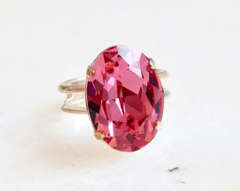 Pink crystal oval ring - crystal ring - statement ring - Swarovski crystal - pink crystal