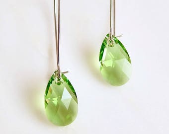 long peridot earrings - peridot crystal earrings - peridot green earrings - Swarovski crystal - light green earrings - greenery