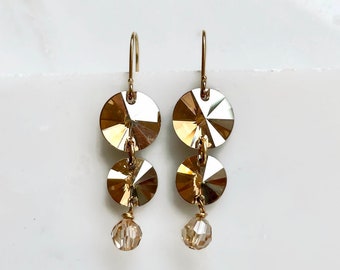Gold Swarovski Crystal Disc Earrings - gold crystal earrings - gold rivoli earrings