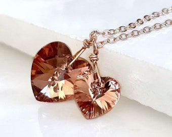 Two hearts rose gold necklace - crystal necklace - hearts necklace - Swarovski necklace - rose gold hearts necklace - valentines day gift