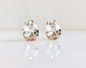 Rose gold earrings with clear Swarovski crystals - pear crystal studs - pear stone earrings - clear crystal earrings