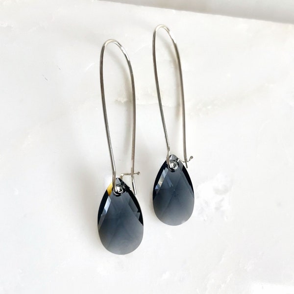 Long graphite gray crystal earrings - dark gray crystal earrings - Swarovski crystal