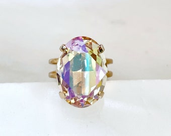 Iridescent crystal oval Ring - crystal ring - statement ring - Swarovski crystal - rainbow crystal