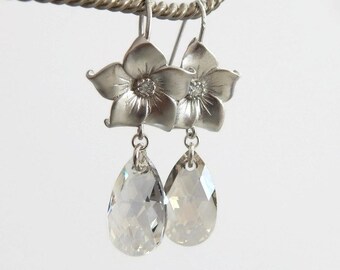 Star Flower and Swarovski Crystal Teardrop Earrings - crystal earrings -crystal drop earrings