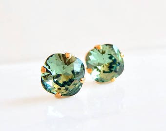 Erinite green crystal stud earrings - square stud earrings - Swarovski crystal - crystal earrings - crystal studs - green crystal