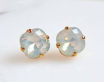 White opal and rose gold earrings - rose gold post earrings - designed with Swarovski crystals - opal earrings