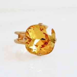 Citrine yellow crystal ring - topaz ring - Swarovski crystal ring - square cut ring
