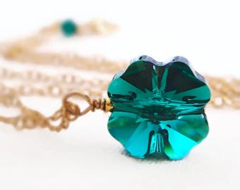 Crystal four leaf clover necklace - Good Luck necklace - greenery - emerald green - Swarovski crystal - lucky charm
