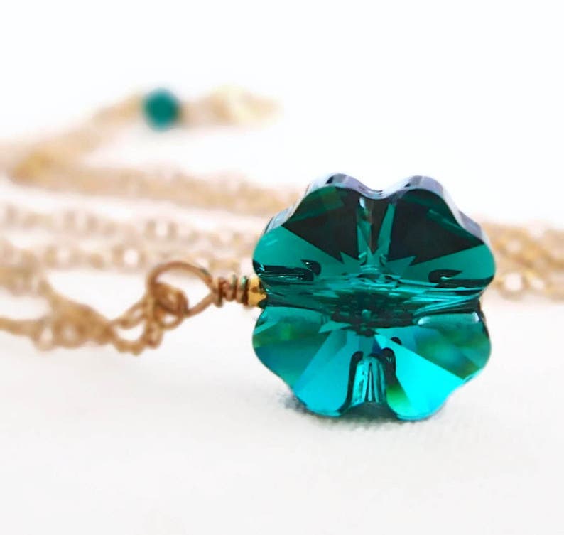 Crystal four leaf clover necklace Good Luck necklace greenery emerald green Swarovski crystal lucky charm image 1