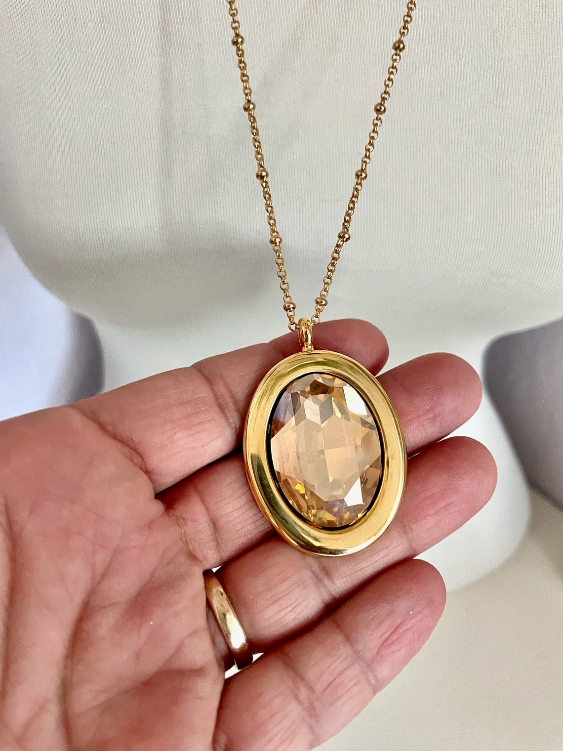 Large Gold Oval Crystal Pendant Gold Crystal Necklace Gold Etsy