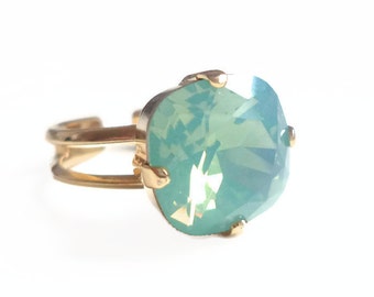 Mint opal square stone crystal ring - cushion cut crystal ring - Swarovski crystal - Swarovski ring - mint green