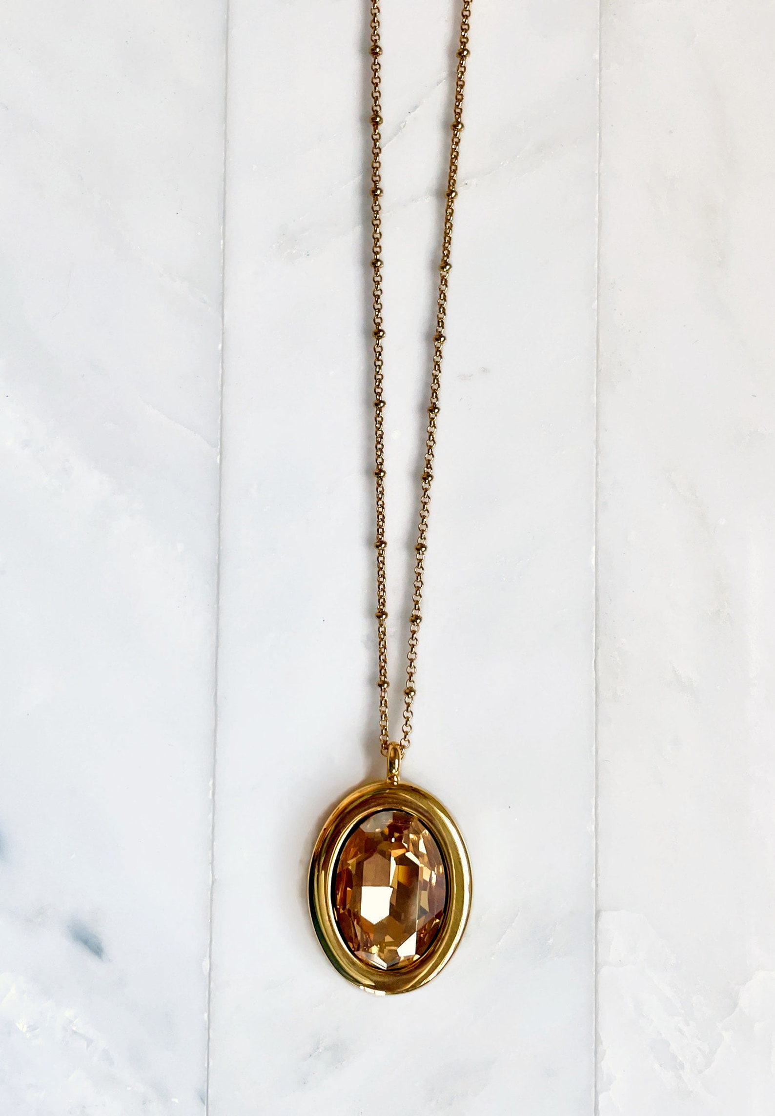 Large Gold Oval Crystal Pendant Gold Crystal Necklace Gold Etsy