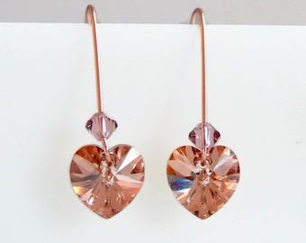 Crystal heart earrings in rose gold - blush pink - rose gold earrings - rose gold heart hearrings - Swarovski earrings