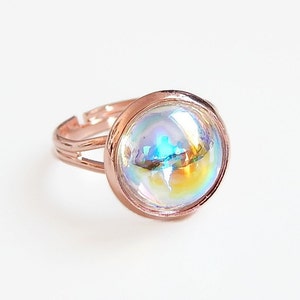 Crystal bubble ring on rose gold rose gold ring rose gold jewelry pink gold clear ab rainbow crystal iridescent crystal image 1
