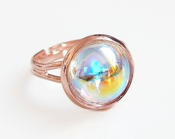 Crystal bubble ring on rose gold - rose gold ring - rose gold jewelry -pink gold - clear ab - rainbow crystal - iridescent crystal