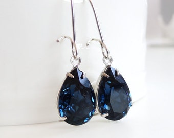 Navy blue crystal drop earrings - bridal jewelry - dark sapphire - created with Swarovski crystals