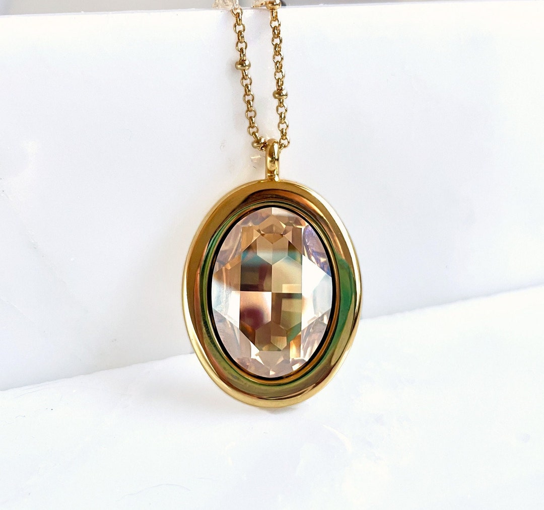 Large Gold Oval Crystal Pendant Gold Crystal Necklace Gold Oval Created