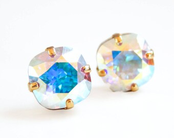 Crystal ab stud earrings - rainbow stud earrings - iridescent crystal earrings - square stud earrings - Swarovski crystal - crystal studs