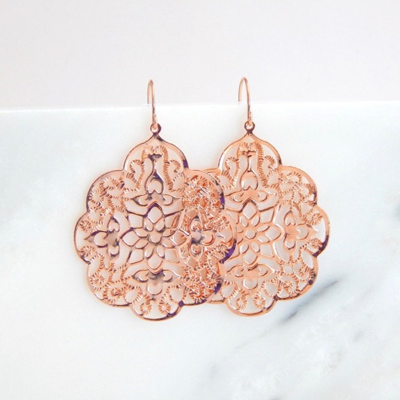 rose gold filigree earrings boho earrings rose gold earrings rose gold dangle earrings image 2