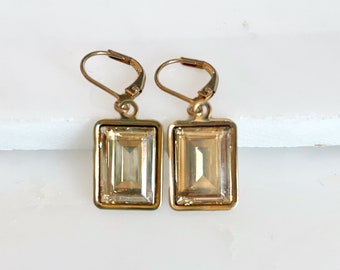 Gold Crystal Emerald Cut Earrings - Bridesmaid Jewelry - Weddings