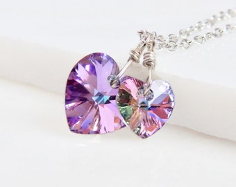 Two hearts necklace - crystal necklace - hearts necklace - Swarovski necklace - purple hearts necklace - valentines day gift