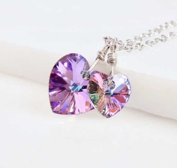 Two Hearts Necklace Crystal Necklace Hearts Necklace Swarovski Necklace Purple Hearts Necklace Valentines Day Gift Etsy Canada
