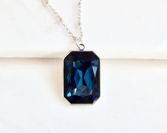 Large Navy Blue Crystal Pendant - Sapphire Blue Crystal Necklace - Emerald Octagon - created with SWAROVSKI® Crystals