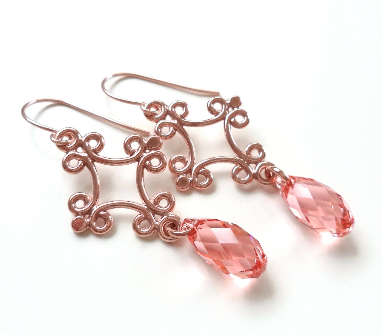 Rose gold earrings peach earrings peach crystal earrings Etsy